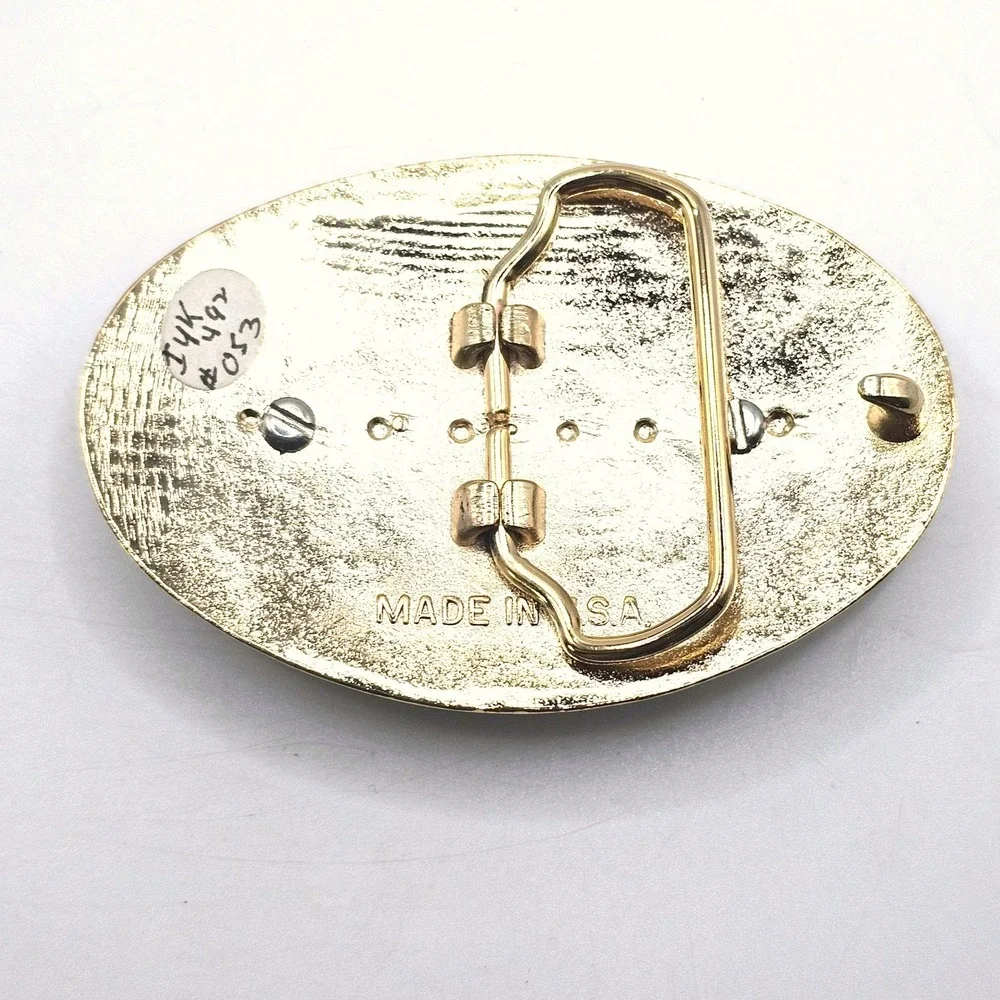 Western‎ Floral Belt Buckle Gold Black Oval 30x40mm Gemstone Setting Made in USA